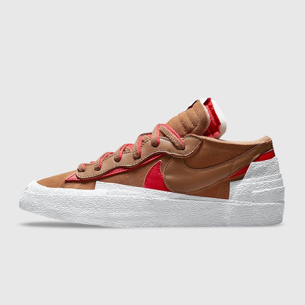Sacai X Nike Blazers in British tan/university red.